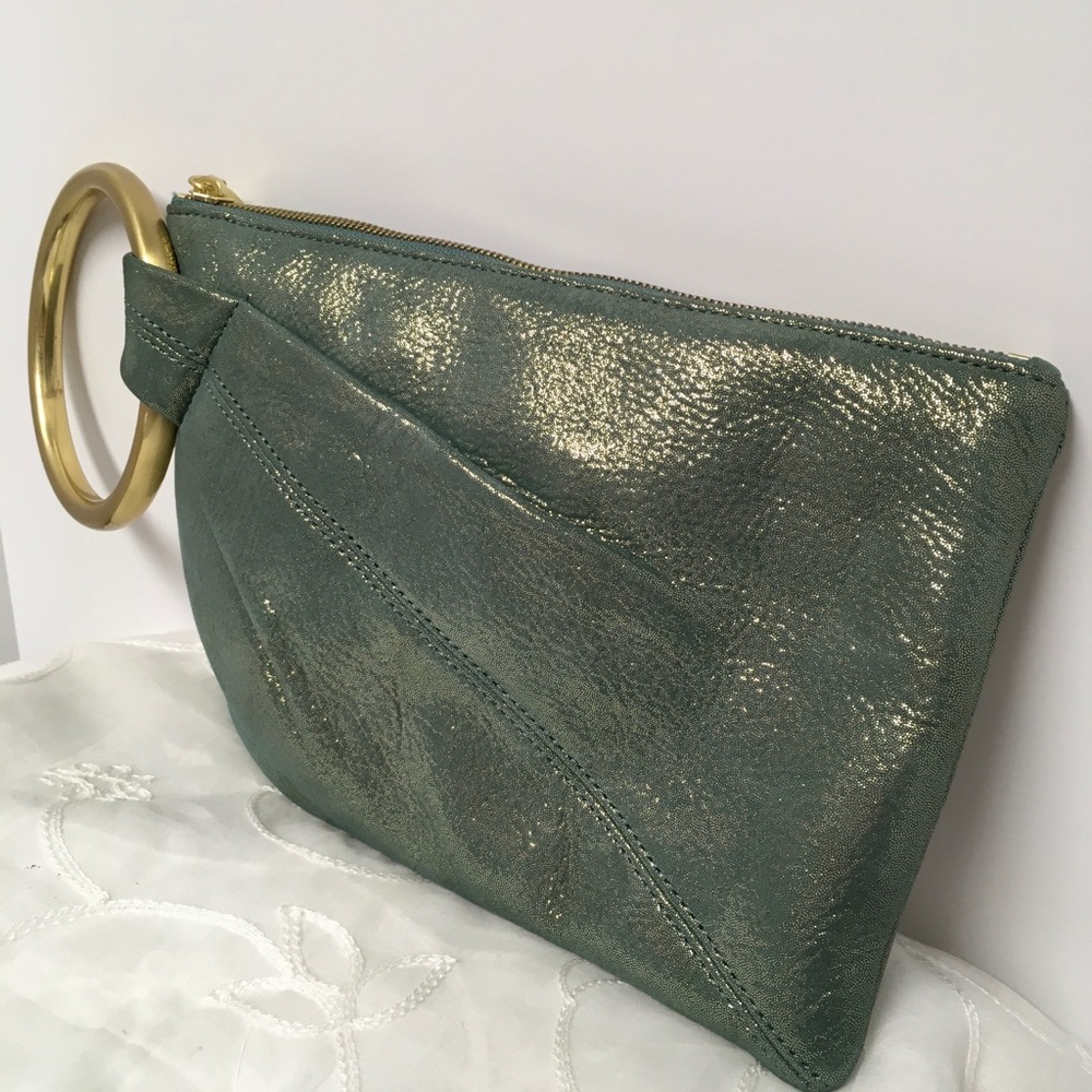 HOBO Green Metallic Wristlet Clutch with Gold Ring Handle - Picture 2 of 8